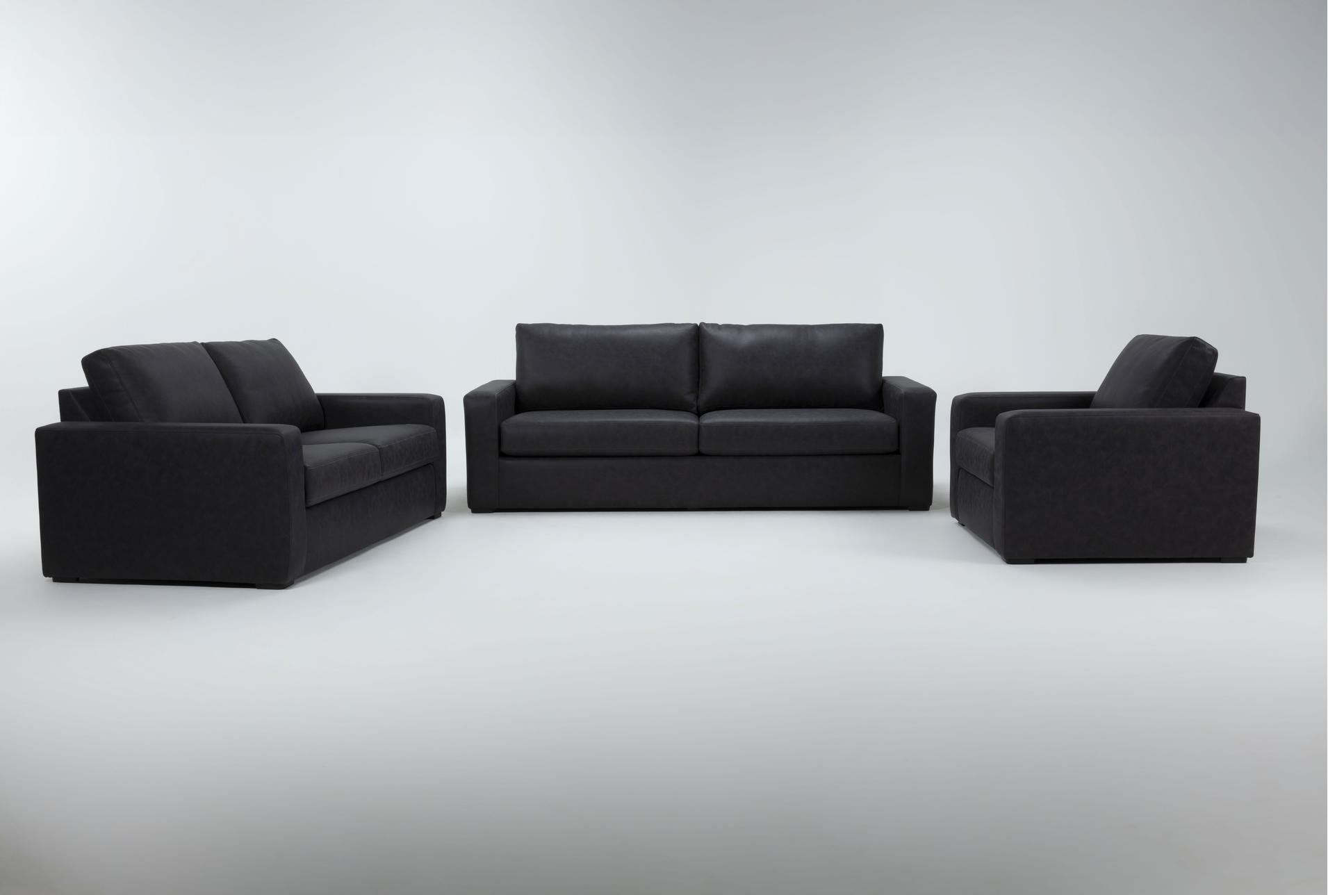 araceli ii charcoal grey black vegan faux leather 3 piece 95" sofa loveseat & oversized chair set | loose reversible back 1 araceli ii charcoal grey black vegan faux leather 3 piece 95" sofa loveseat & oversized chair set | loose reversible back