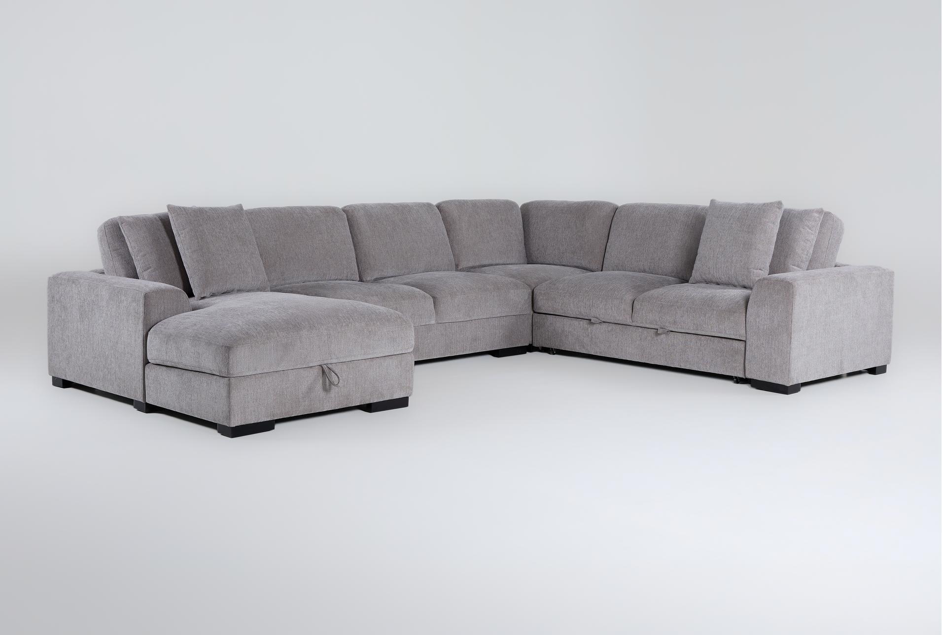 kaden grey fabric 147" 4 piece u-shaped convertible futon sleeper sectional with left arm facing storage chaise with storage 1 kaden grey fabric 147" 4 piece u-shaped convertible futon sleeper sectional with left arm facing storage chaise with storage