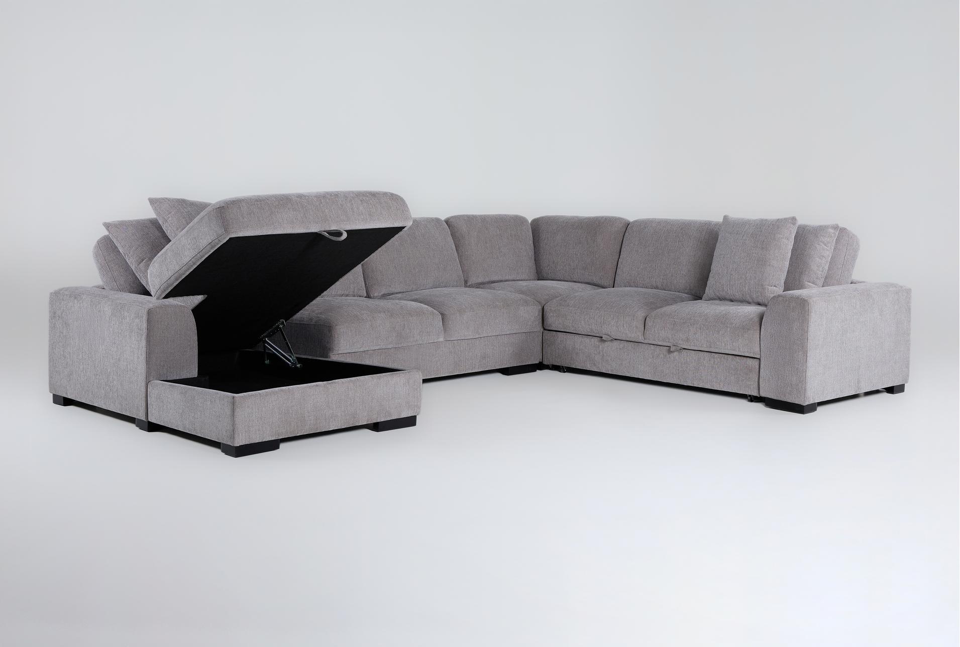 kaden grey fabric 147" 4 piece u-shaped convertible futon sleeper sectional with left arm facing storage chaise with storage 14 kaden grey fabric 147" 4 piece u-shaped convertible futon sleeper sectional with left arm facing storage chaise with storage