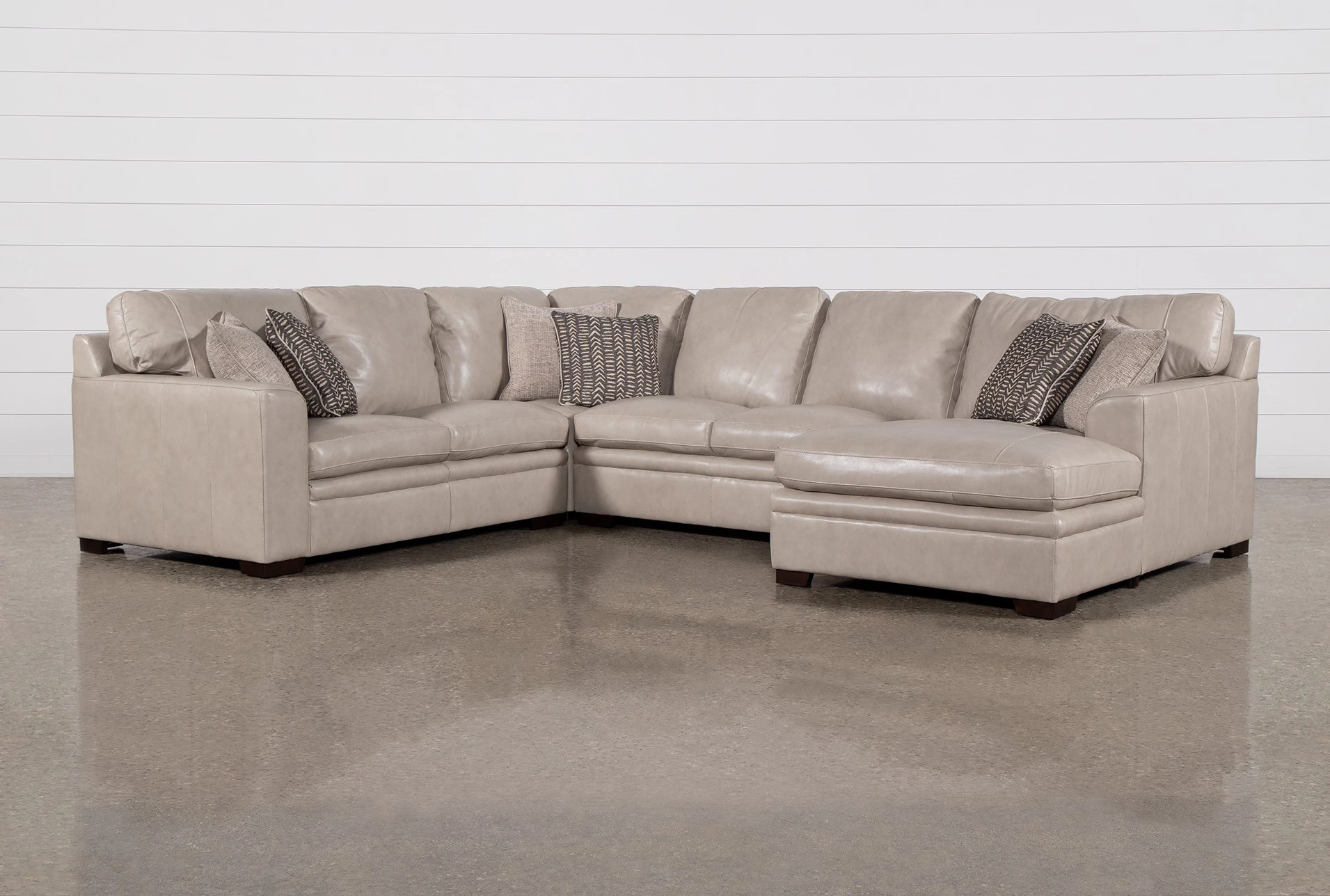 greer stone beige grey leather 4 piece 140" modular u-shaped sectional with right arm facing chaise & armless loveseat | deep seated