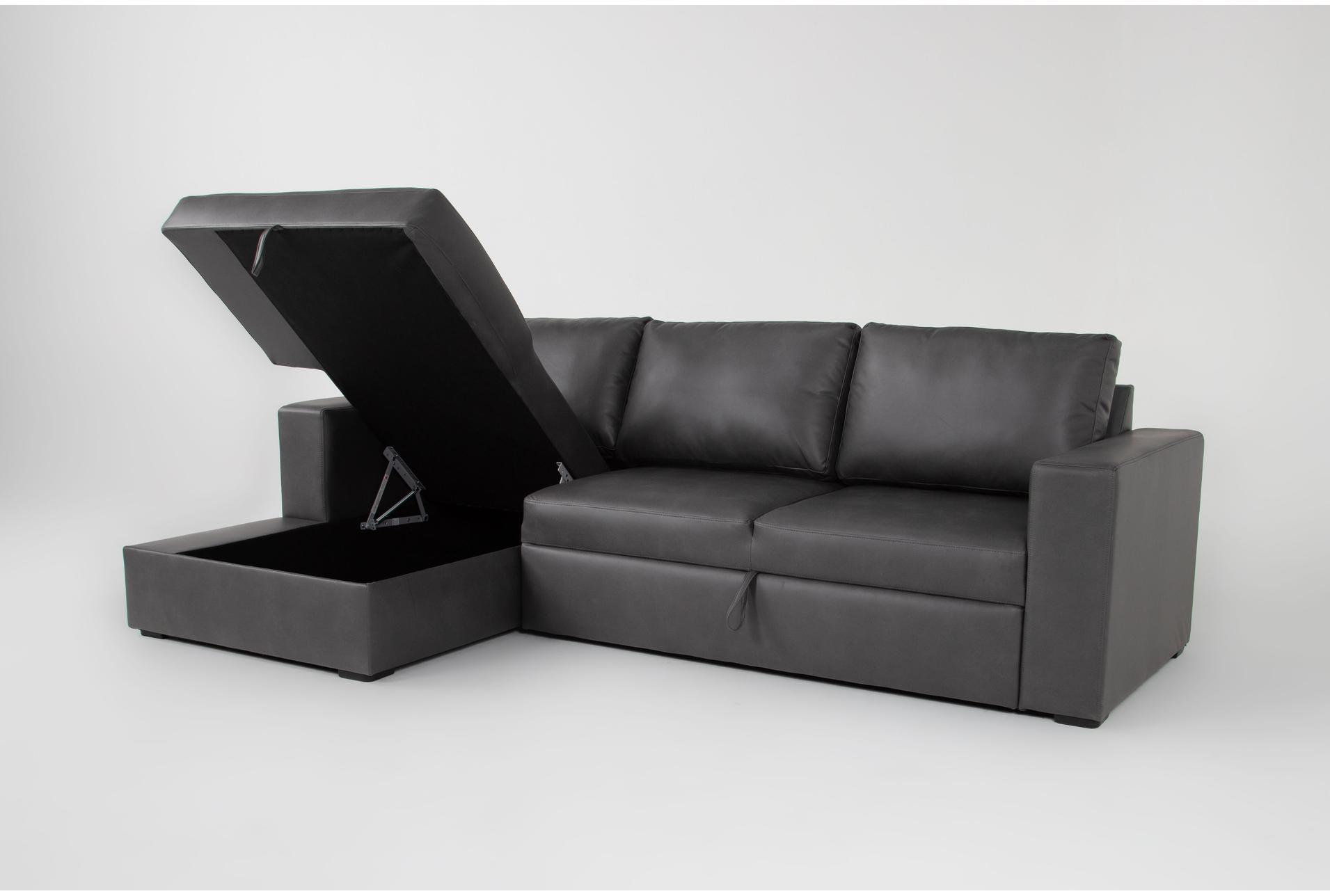 sebastian slate grey faux leather 111" 2 piece convertible sectional with left arm facing storage chaise | fabric | sleeper 12 sebastian slate grey faux leather 111" 2 piece convertible sectional with left arm facing storage chaise | fabric | sleeper