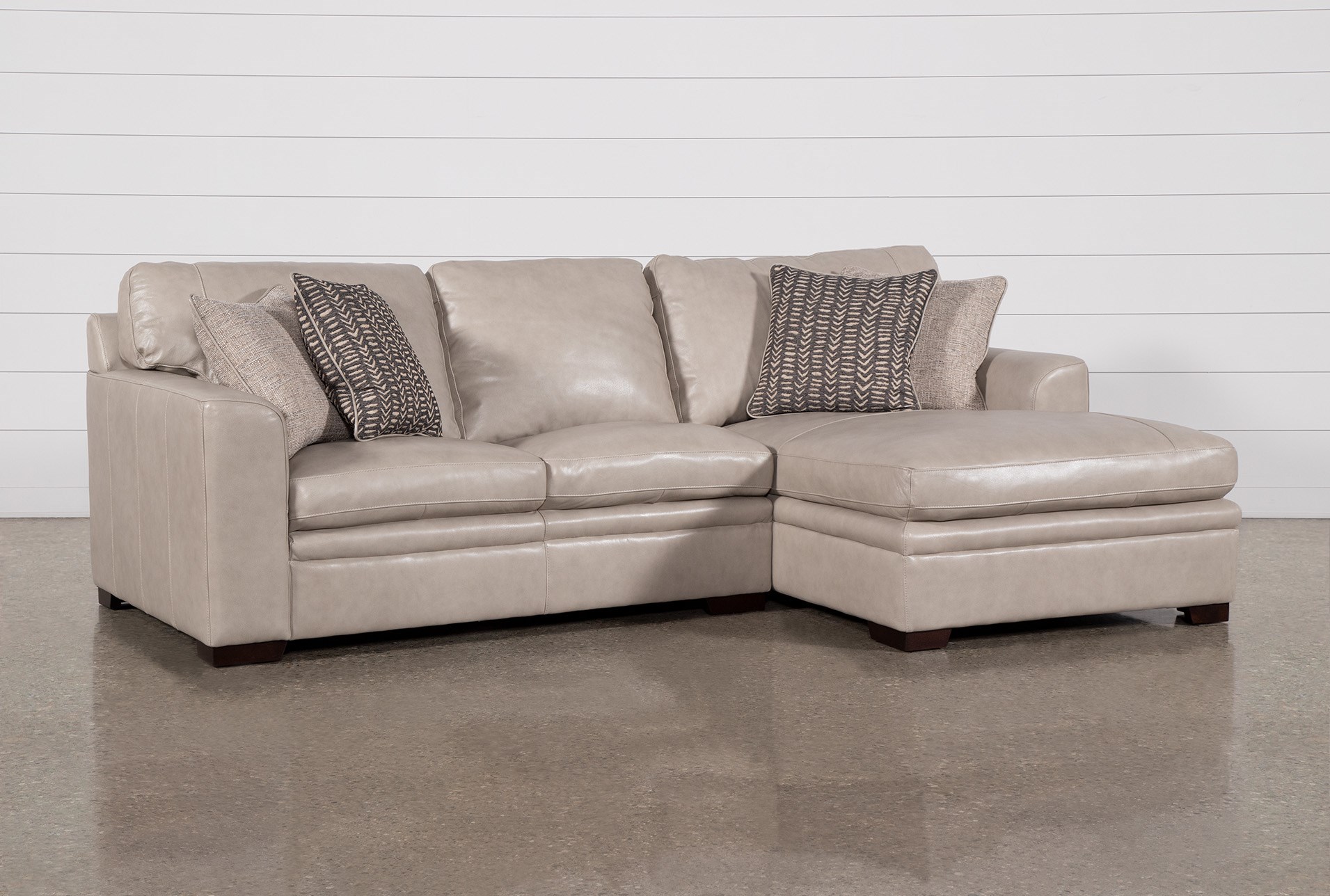 greer stone beige grey leather 2 piece 105" modular sectional with right arm facing chaise & left arm facing loveseat | deep seated
