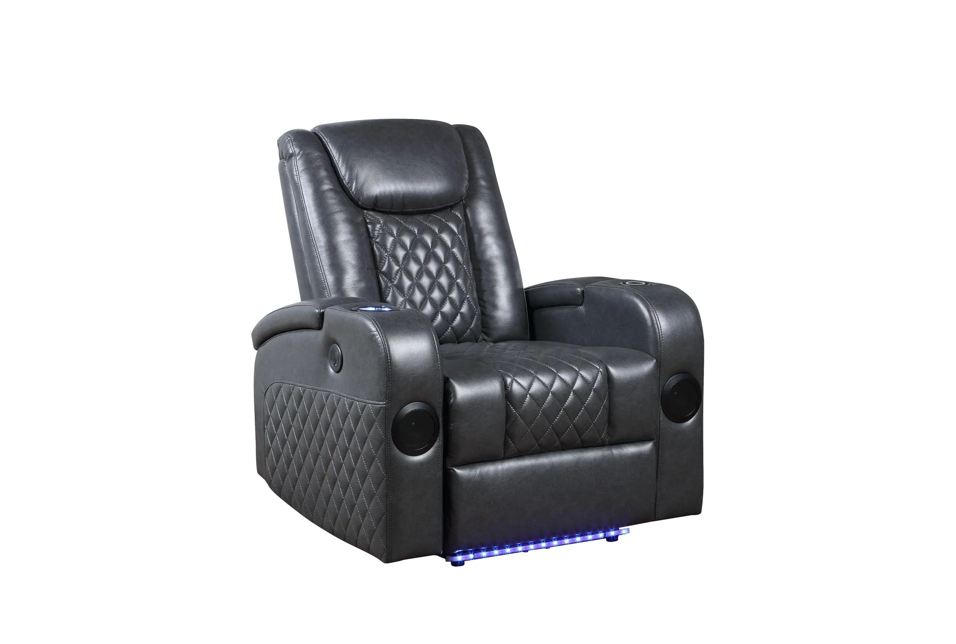 alair grey leather power 35"  recliner w/bluetooth speaker & cooling cup holder