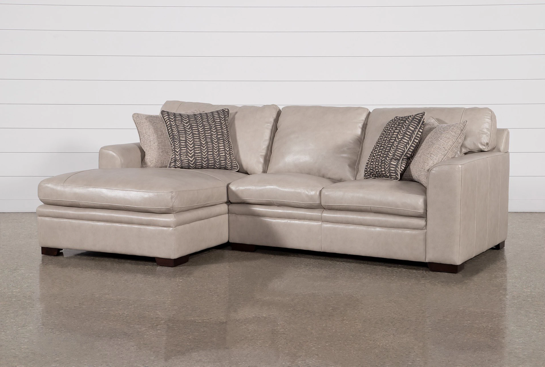 greer stone beige grey leather 2 piece 105" modular sectional with left arm facing chaise & right arm facing loveseat | deep seated