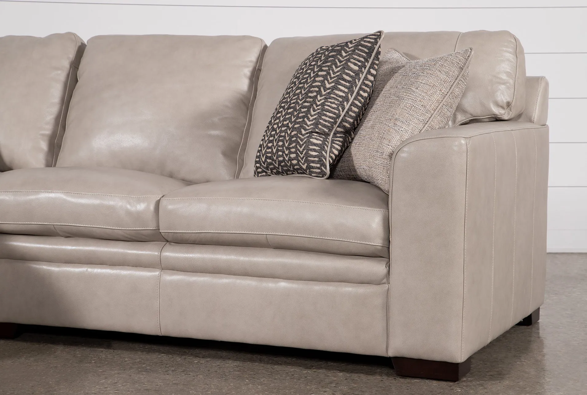 greer stone beige grey leather 2 piece 105" modular sectional with left arm facing chaise & right arm facing loveseat | deep seated 5 greer stone beige grey leather 2 piece 105" modular sectional with left arm facing chaise & right arm facing loveseat | deep seated