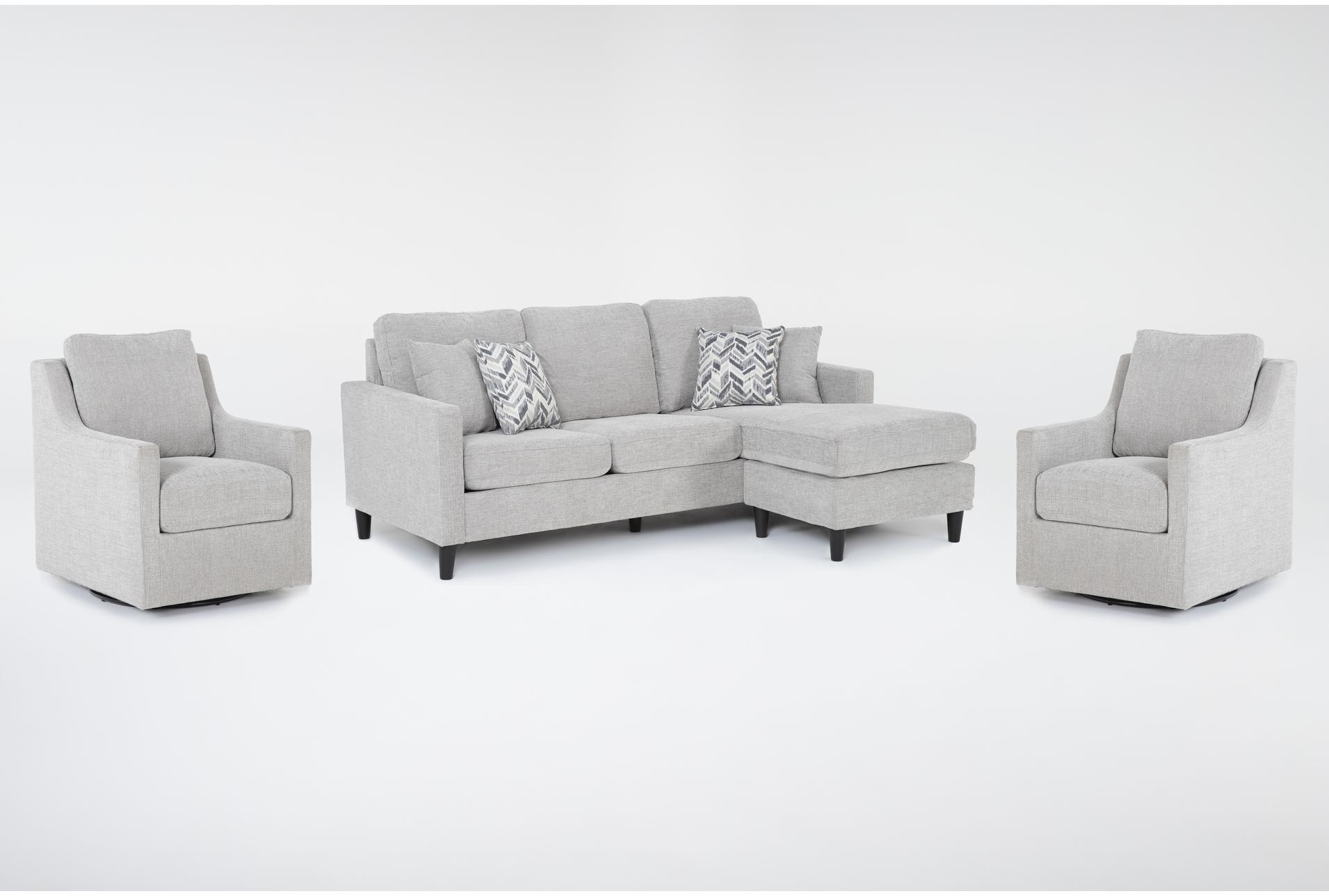 stark light grey fabric sofa withreversible chaise & 2 light grey fabric swivel arm chairs 1 stark light grey fabric sofa withreversible chaise & 2 light grey fabric swivel arm chairs