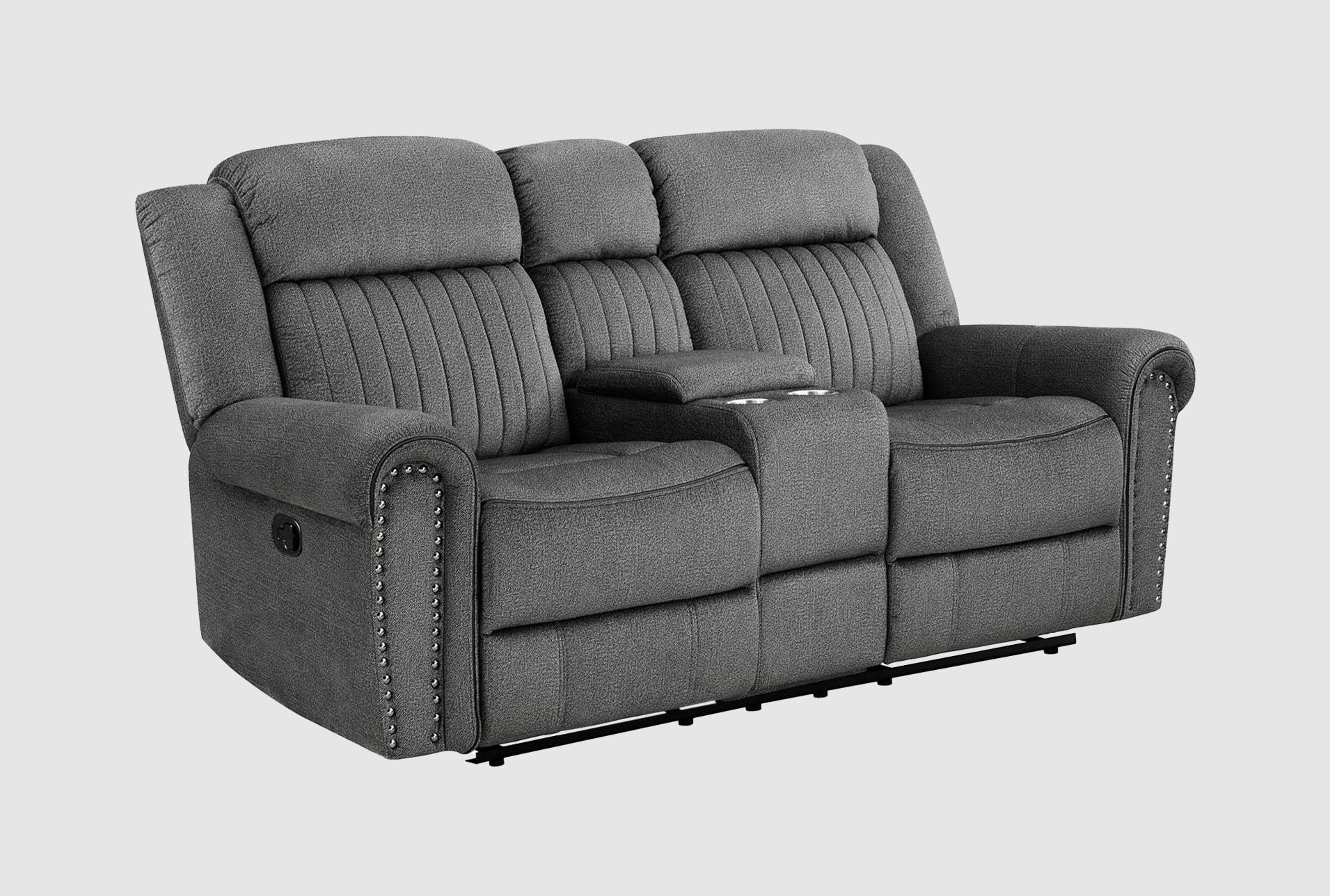 keighly charcoal polyester 76" manual reclining console loveseat | cup holders | fabric | rolled arms | nailhead 1 keighly charcoal polyester 76" manual reclining console loveseat | cup holders | fabric | rolled arms | nailhead