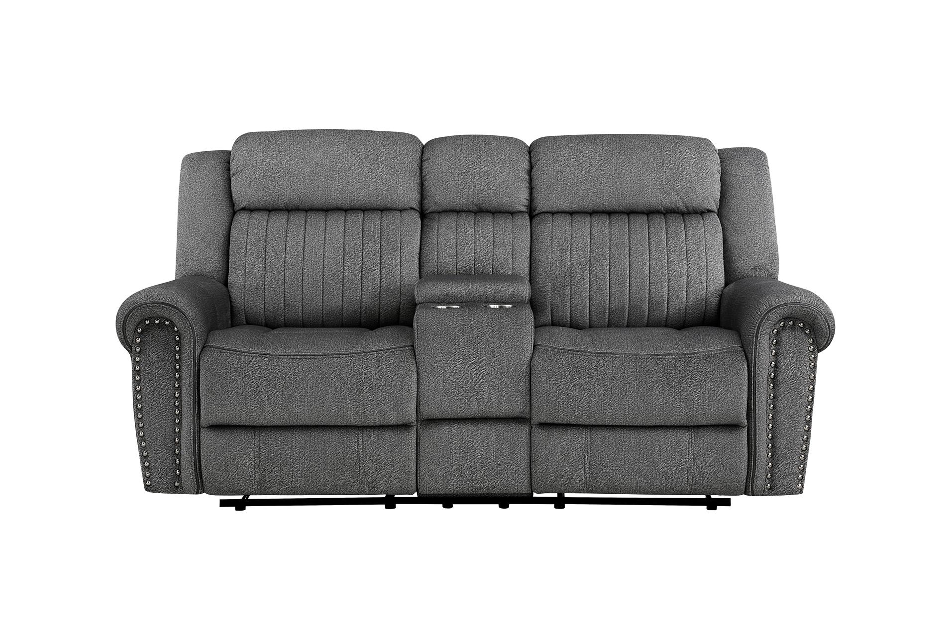 keighly charcoal polyester 76" manual reclining console loveseat | cup holders | fabric | rolled arms | nailhead 11 keighly charcoal polyester 76" manual reclining console loveseat | cup holders | fabric | rolled arms | nailhead