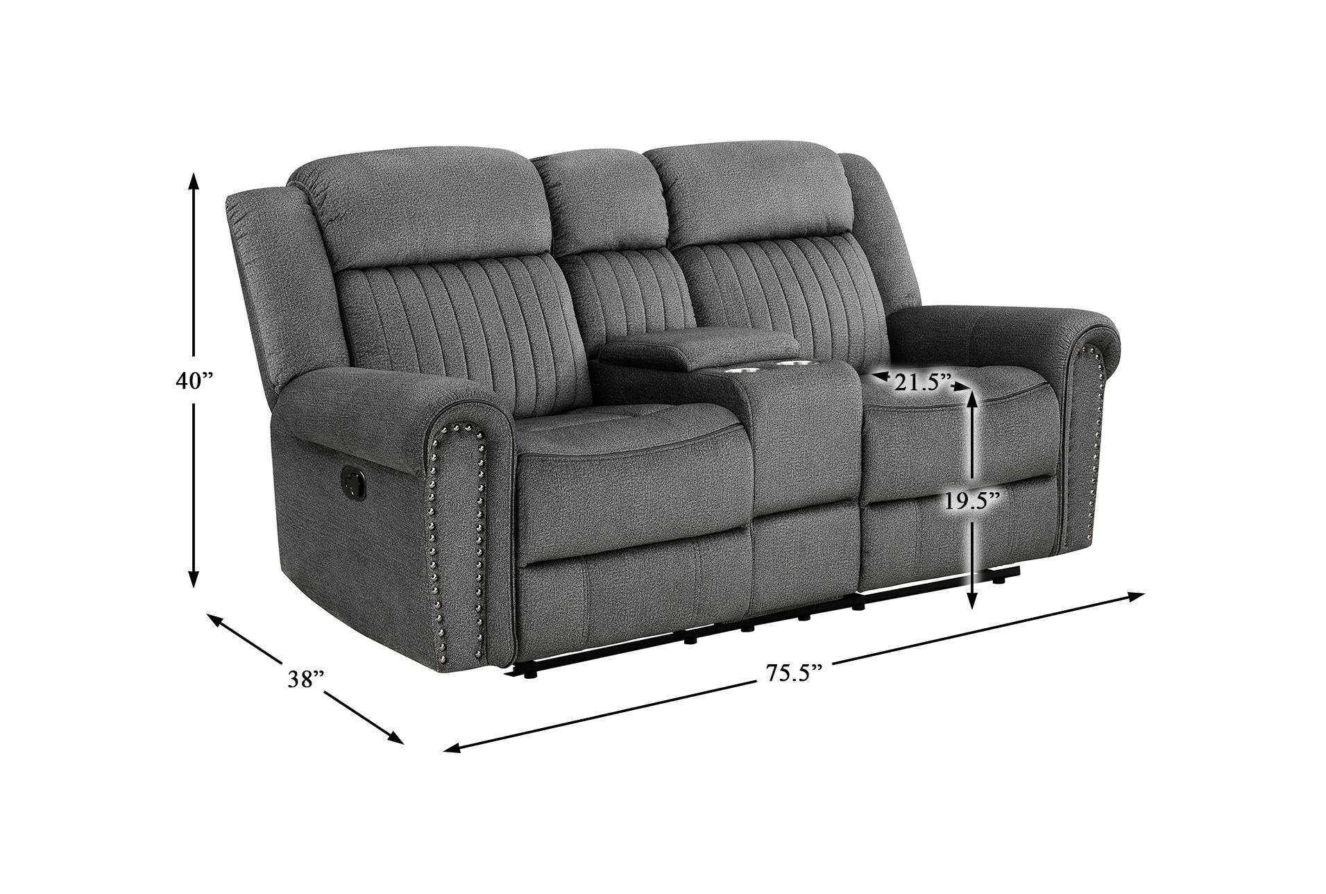 keighly charcoal polyester 76" manual reclining console loveseat | cup holders | fabric | rolled arms | nailhead 12 keighly charcoal polyester 76" manual reclining console loveseat | cup holders | fabric | rolled arms | nailhead
