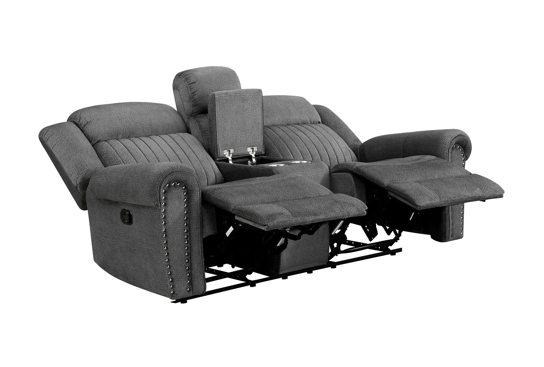 keighly charcoal polyester 76" manual reclining console loveseat | cup holders | fabric | rolled arms | nailhead 15 keighly charcoal polyester 76" manual reclining console loveseat | cup holders | fabric | rolled arms | nailhead