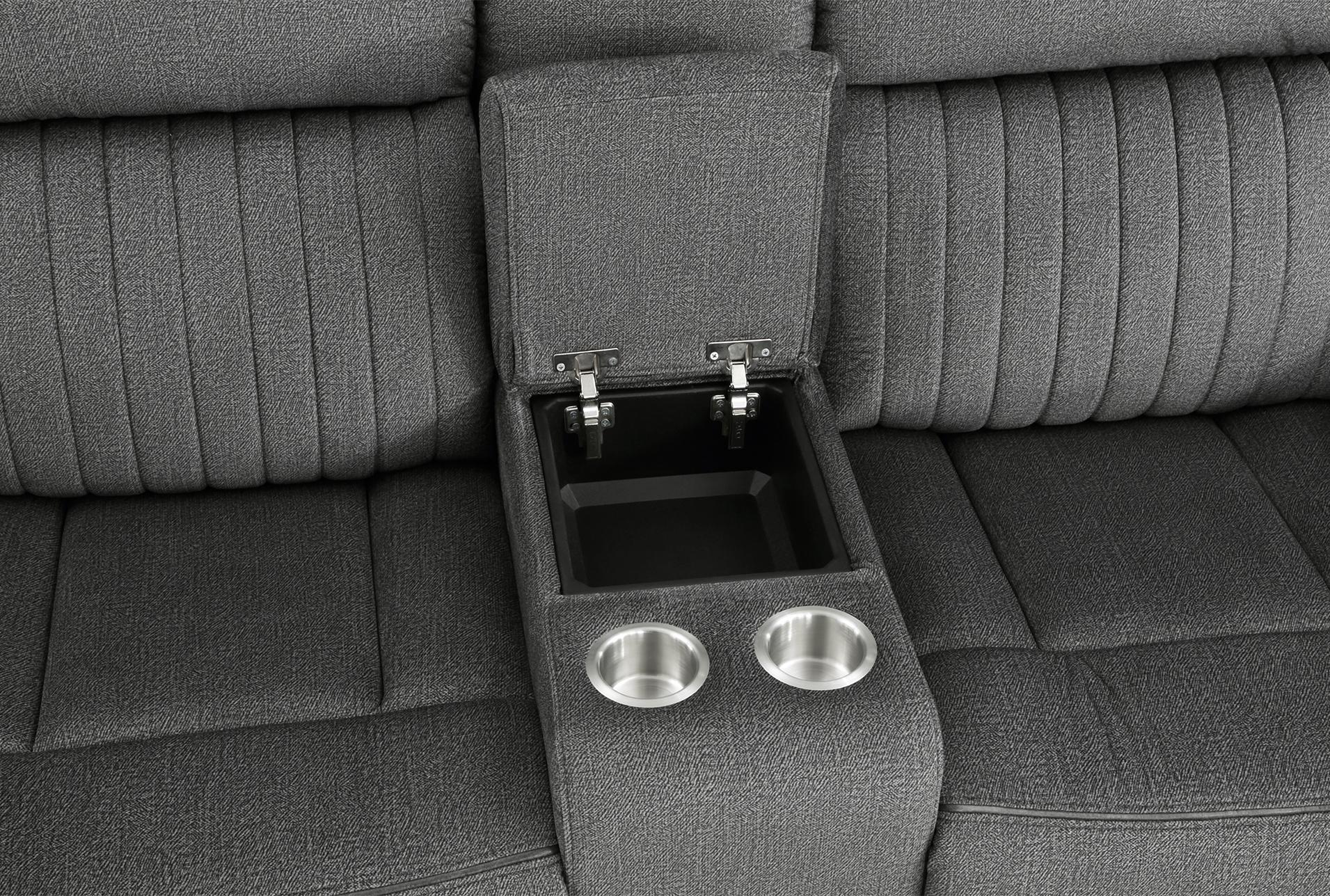 keighly charcoal polyester 76" manual reclining console loveseat | cup holders | fabric | rolled arms | nailhead 16 keighly charcoal polyester 76" manual reclining console loveseat | cup holders | fabric | rolled arms | nailhead
