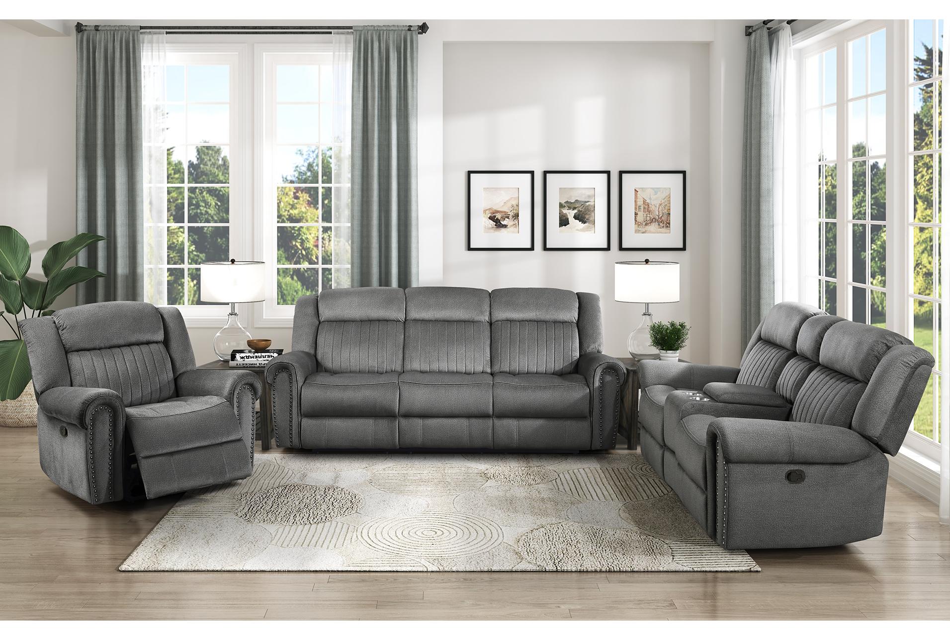 keighly charcoal polyester 76" manual reclining console loveseat | cup holders | fabric | rolled arms | nailhead 17 keighly charcoal polyester 76" manual reclining console loveseat | cup holders | fabric | rolled arms | nailhead