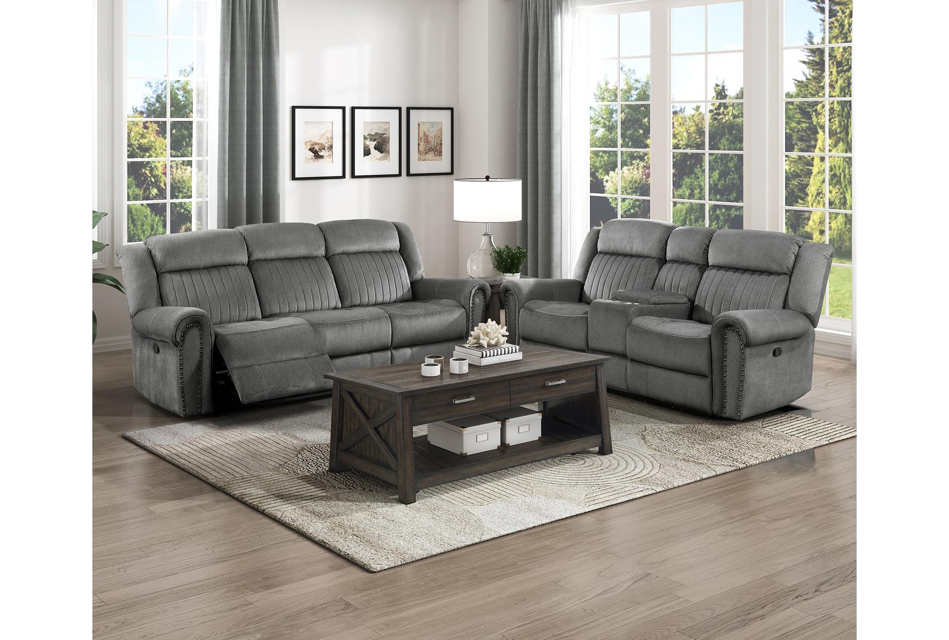 keighly charcoal polyester 76" manual reclining console loveseat | cup holders | fabric | rolled arms | nailhead 18 keighly charcoal polyester 76" manual reclining console loveseat | cup holders | fabric | rolled arms | nailhead