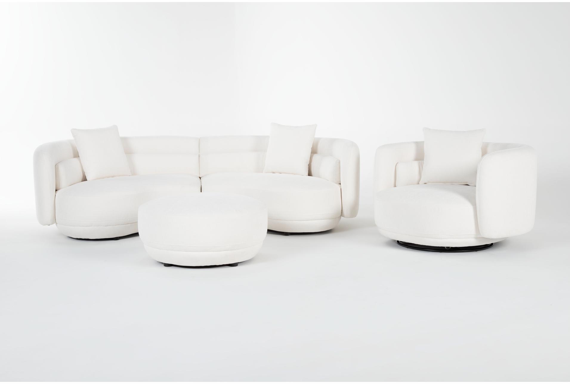 formosa white fabric 103" 2 piece curved sofa with swivel cuddler chair & cocktail ottoman | modular 1 formosa white fabric 103" 2 piece curved sofa with swivel cuddler chair & cocktail ottoman | modular