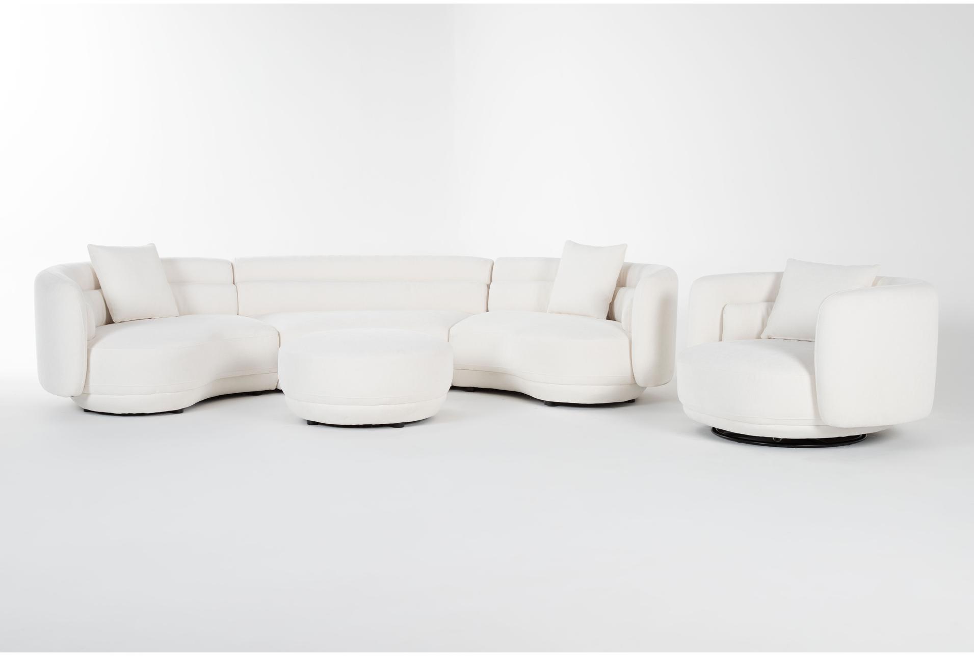 formosa white fabric 167" 3 piece curved sectional with swivel cuddler chair & cocktail ottoman | modular 1 formosa white fabric 167" 3 piece curved sectional with swivel cuddler chair & cocktail ottoman | modular