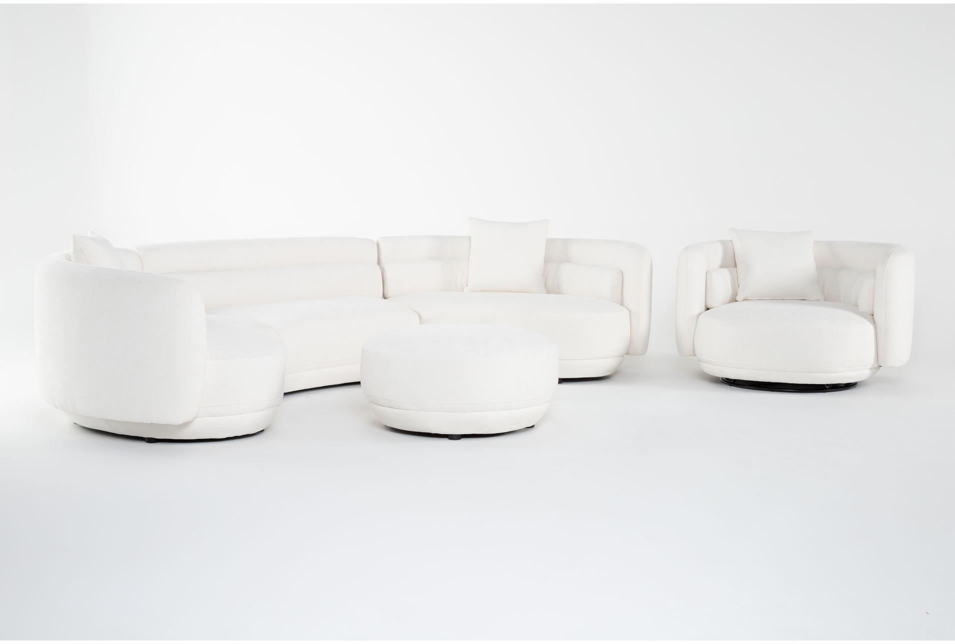 formosa white fabric 167" 3 piece curved sectional with swivel cuddler chair & cocktail ottoman | modular 6 formosa white fabric 167" 3 piece curved sectional with swivel cuddler chair & cocktail ottoman | modular