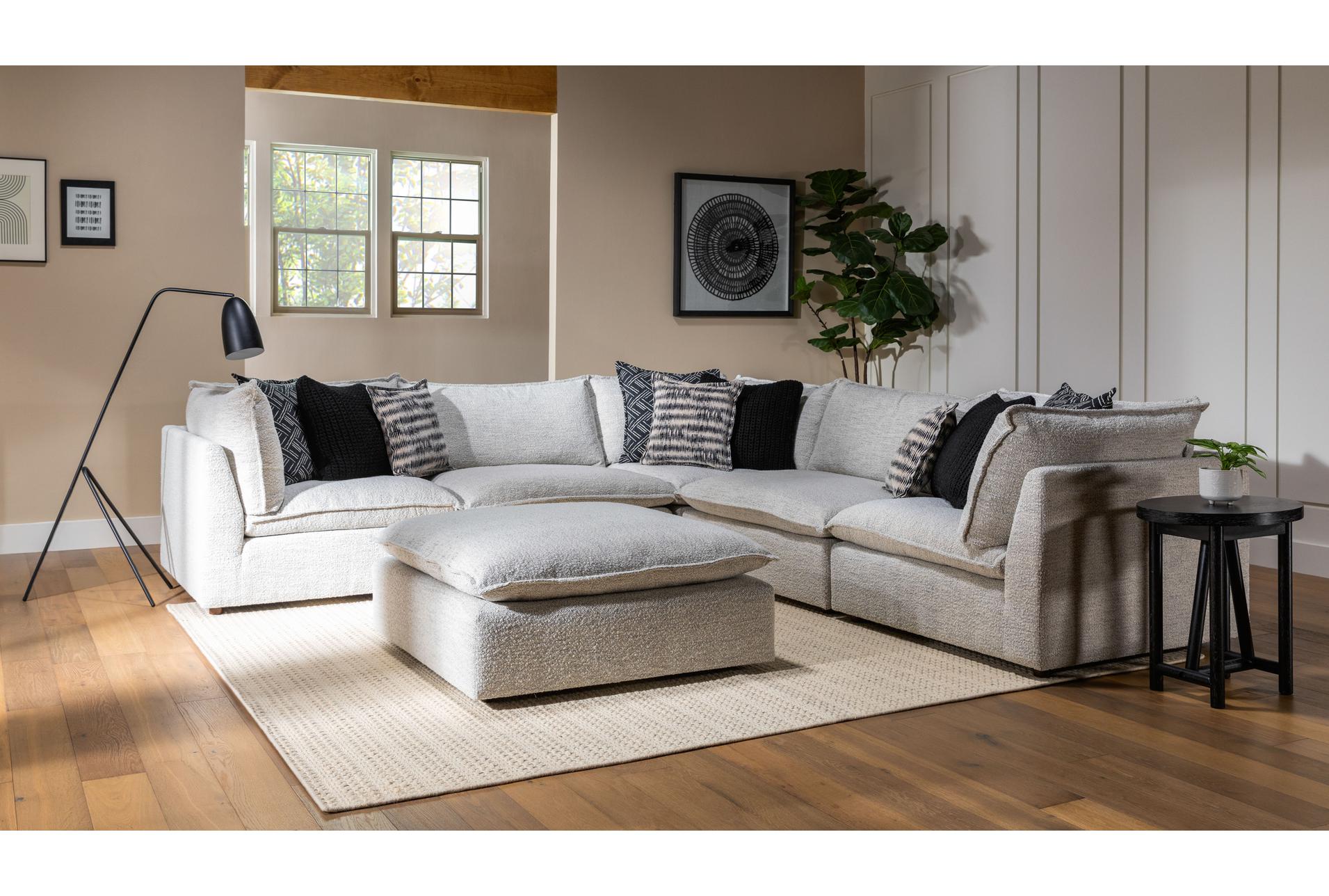 weekend white performance fabric 125" 5 piece modular l-shaped sectional with 3 corners 2 armless chairs & ottoman | symmetrical 14 weekend white performance fabric 125" 5 piece modular l-shaped sectional with 3 corners 2 armless chairs & ottoman | symmetrical