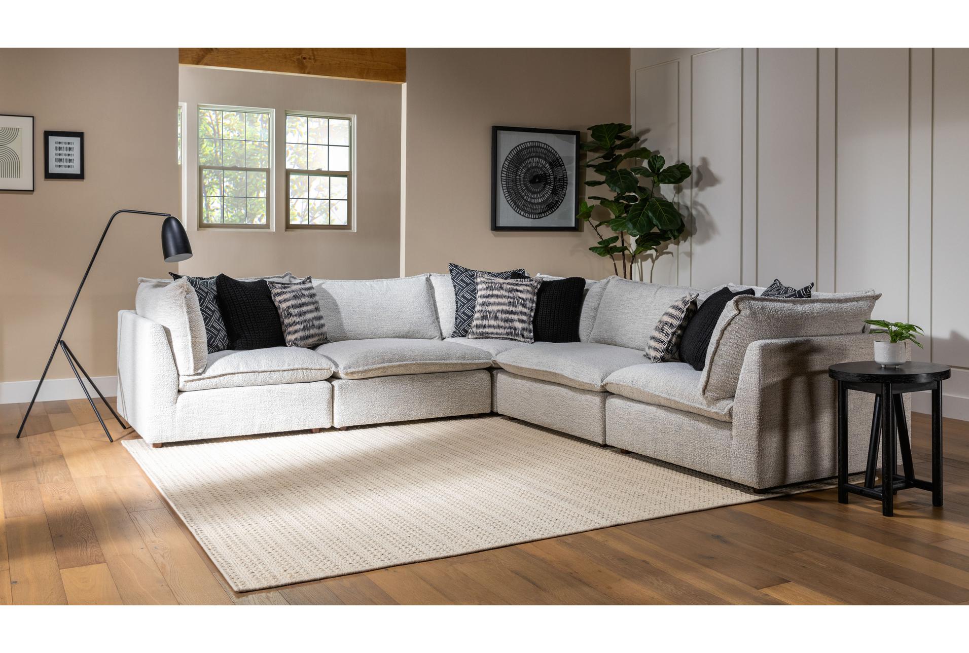weekend white natural performance fabric 126" 5 piece modular l-shaped sectional with 3 corners & 2 armless chairs | symmetrical 12 weekend white natural performance fabric 126" 5 piece modular l-shaped sectional with 3 corners & 2 armless chairs | symmetrical
