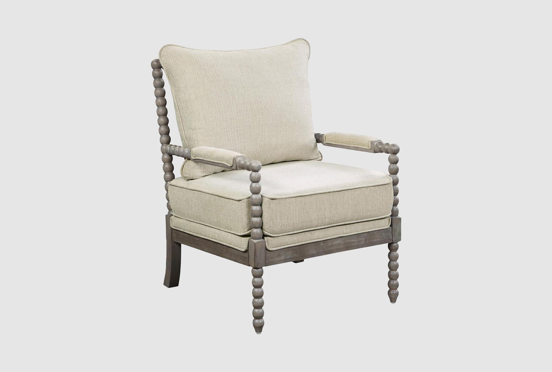 abbott beige linen fabric white wood spindle arm chair with brushed grey finish | high performance fabric | with arms