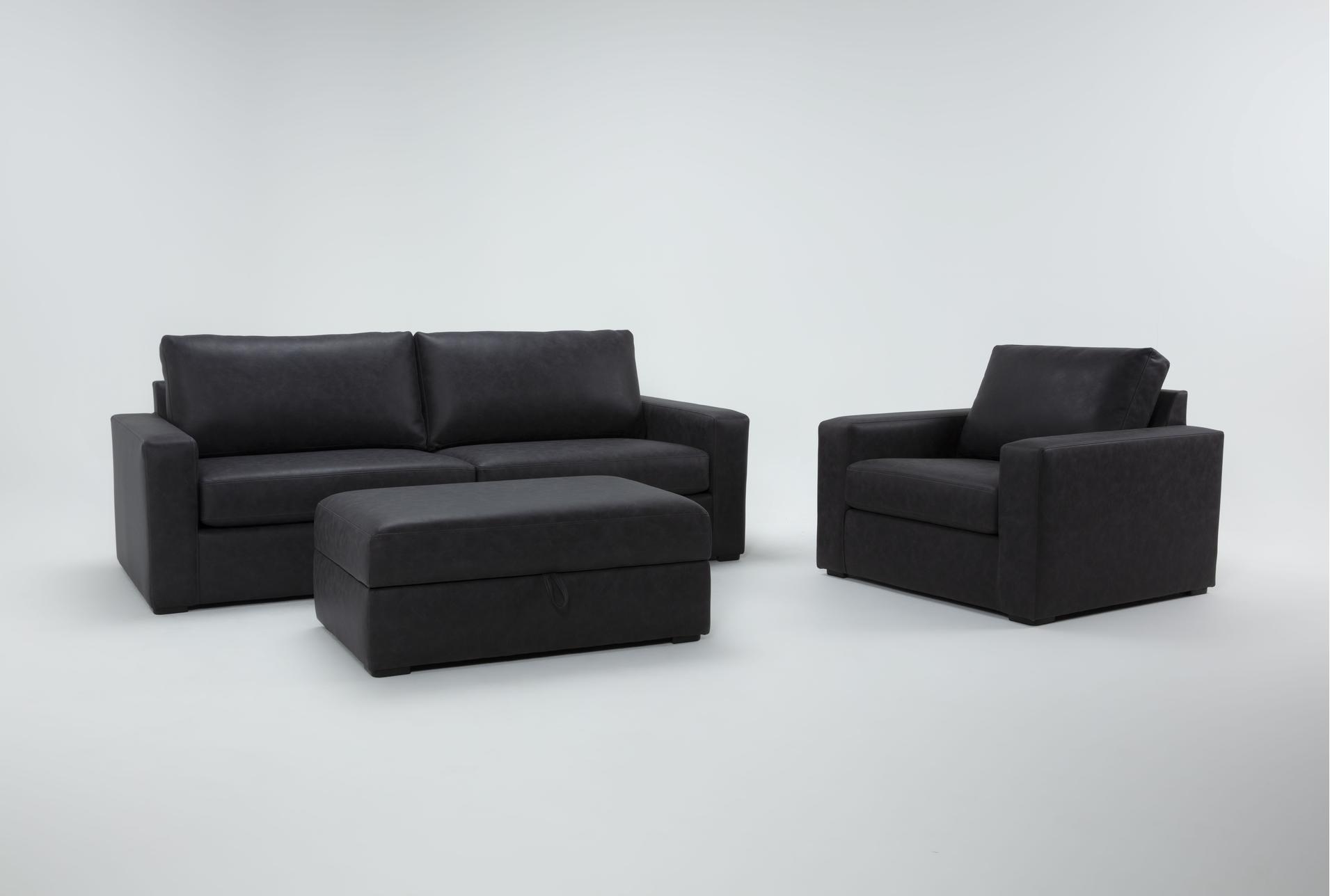 araceli ii charcoal grey black vegan faux leather 3 piece 95" sofa oversized chair & ottoman set 1 araceli ii charcoal grey black vegan faux leather 3 piece 95" sofa oversized chair & ottoman set