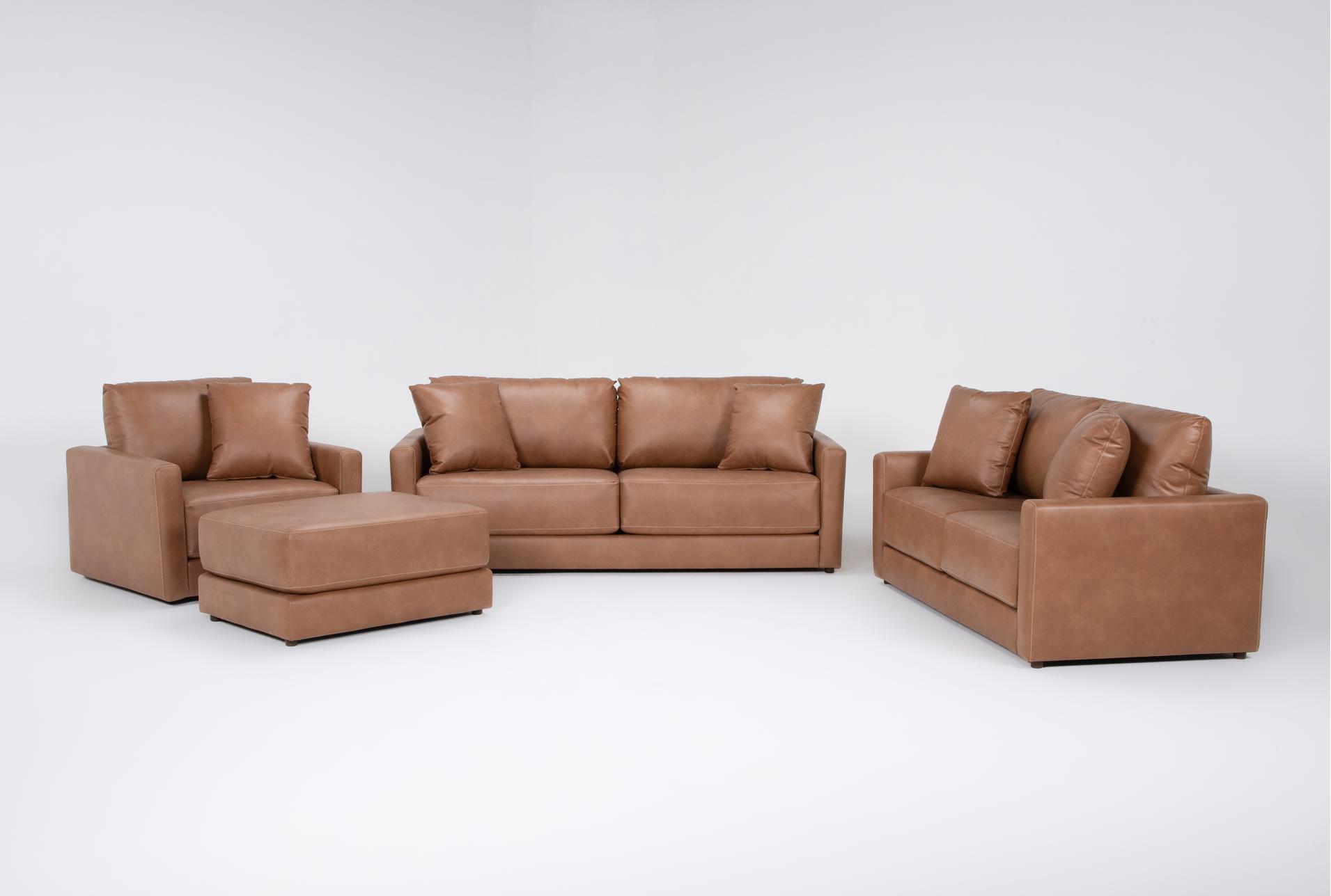 alicia saddle brown vegan faux leather 4 piece 90" sofa loveseat swivel chair & ottoman set