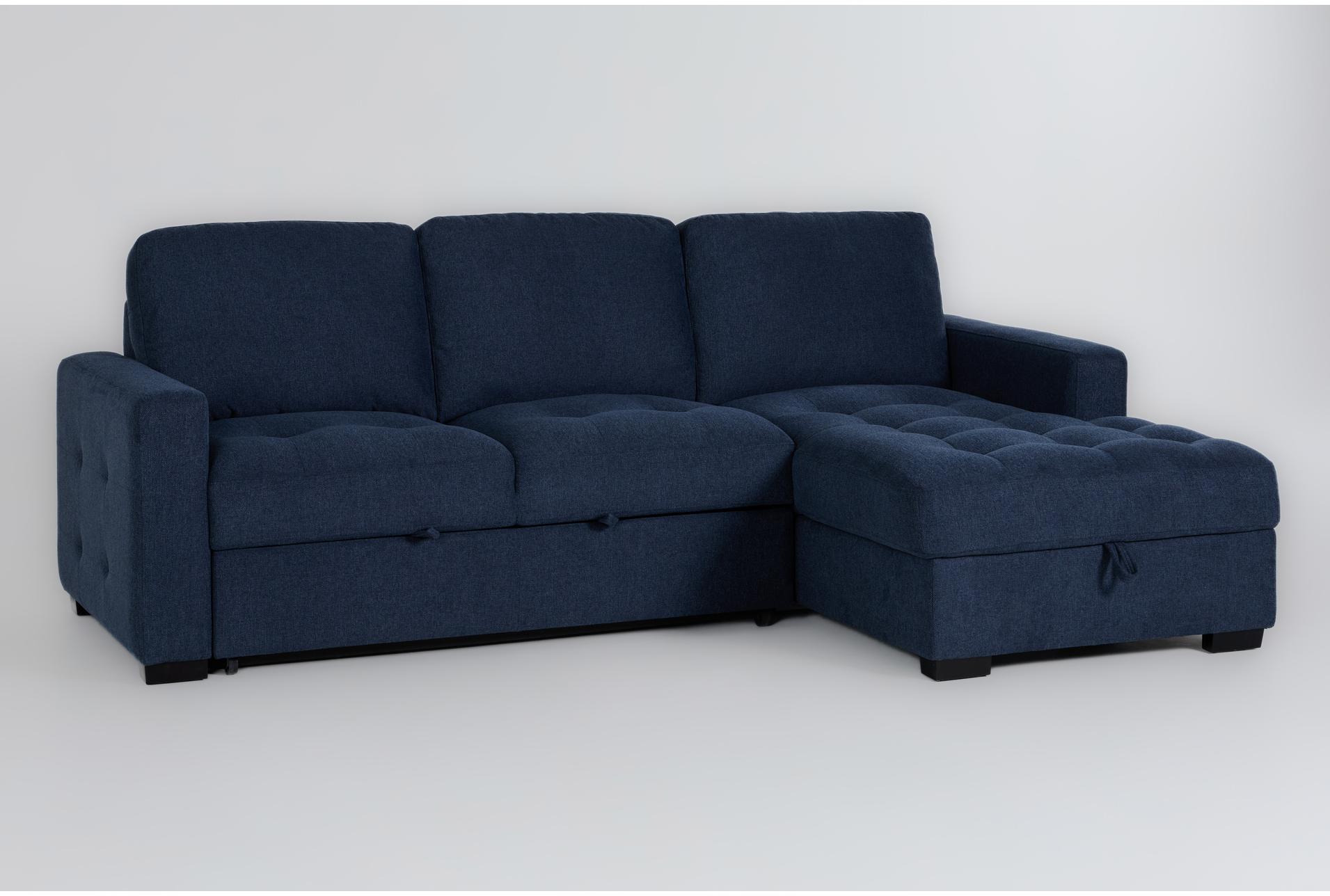 keaton blue tufted fabric 100" 2 piece l-shaped convertible futon sleeper sectional with right arm facing storage chaise 1 keaton blue tufted fabric 100" 2 piece l-shaped convertible futon sleeper sectional with right arm facing storage chaise