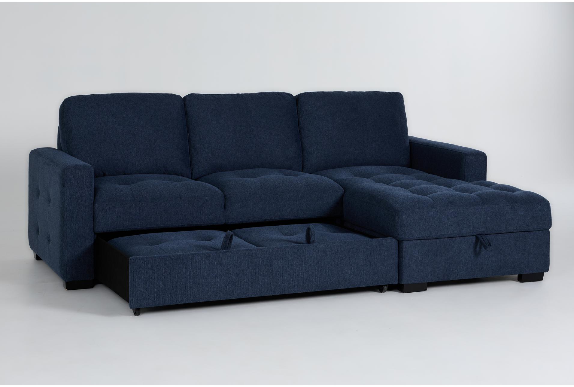 keaton blue tufted fabric 100" 2 piece l-shaped convertible futon sleeper sectional with right arm facing storage chaise 12 keaton blue tufted fabric 100" 2 piece l-shaped convertible futon sleeper sectional with right arm facing storage chaise