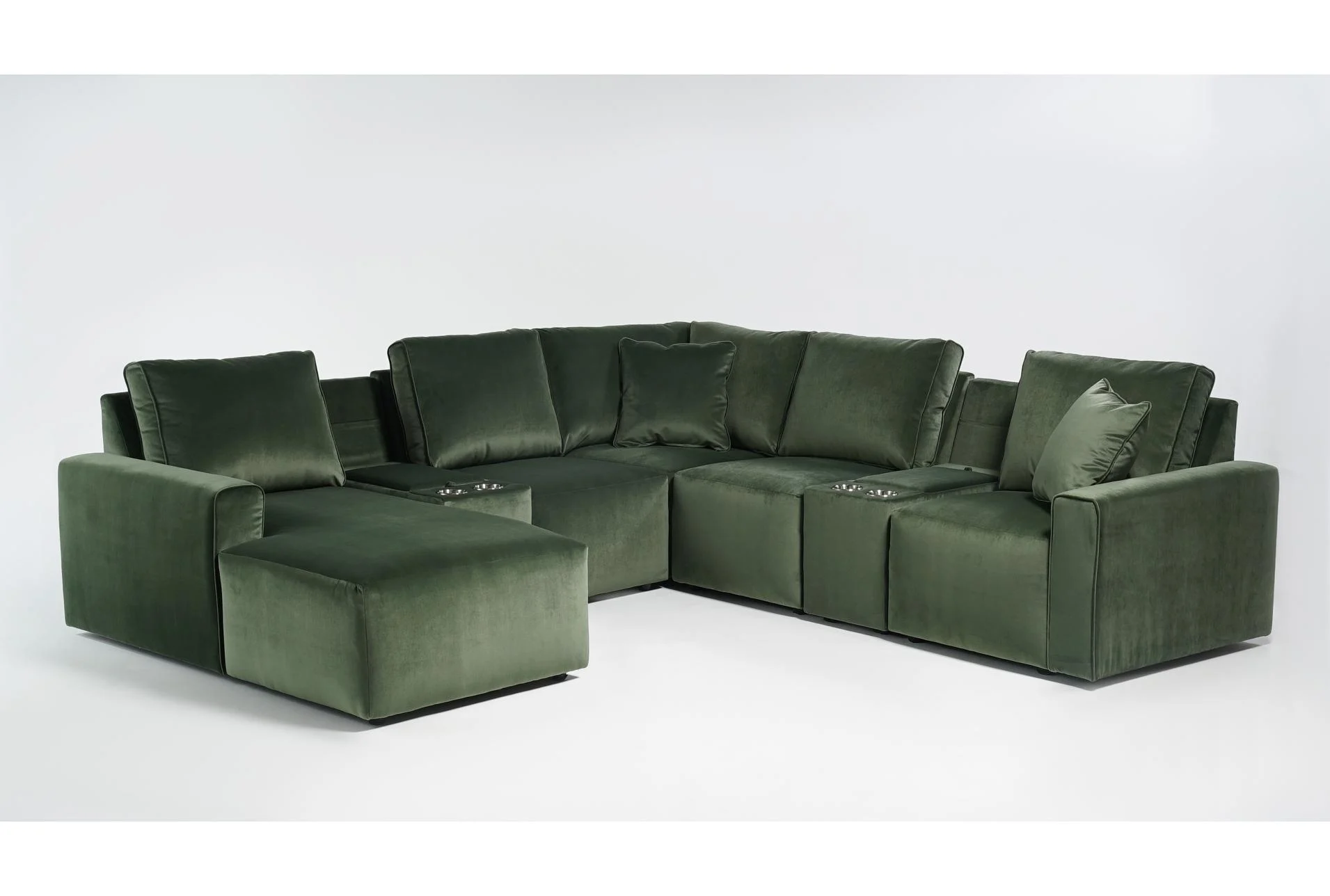 holland forrest green performance velvet fabric 7 piece 113" modular flexsteel sectional with left arm facing chaise and dual console storage cupholder and usb 1 holland forrest green performance velvet fabric 7 piece 113" modular flexsteel sectional with left arm facing chaise and dual console storage cupholder and usb