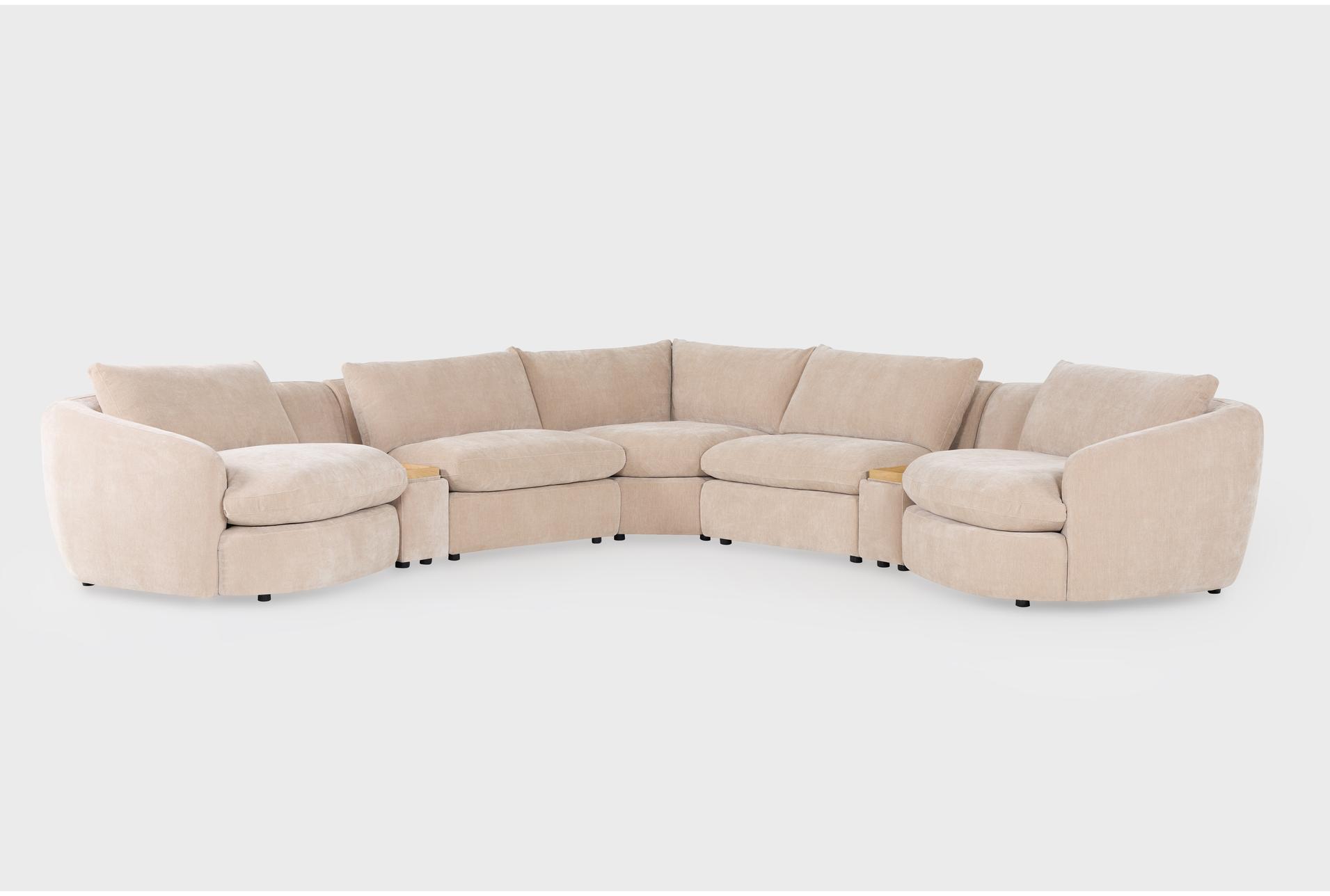 kendall 159" sand beige cloud-like 7 piece curved l-shaped modular sectional with dual wood tray storage console | fabric 1 kendall 159" sand beige cloud-like 7 piece curved l-shaped modular sectional with dual wood tray storage console | fabric