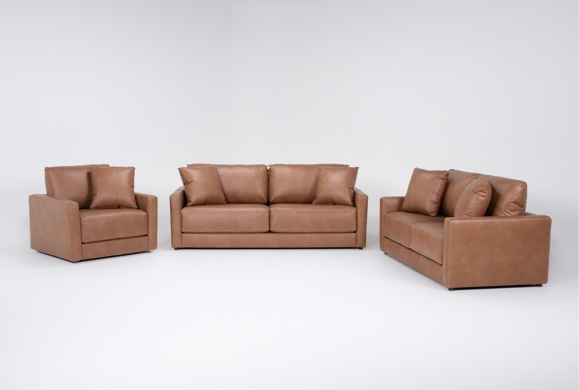 alicia saddle brown vegan faux leather 3 piece 90" sofa loveseat & swivel chair set | loose reversible back 1 alicia saddle brown vegan faux leather 3 piece 90" sofa loveseat & swivel chair set | loose reversible back
