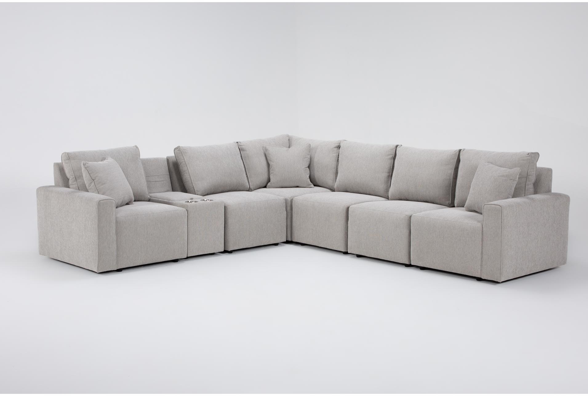 holland mist grey perfomance fabric 7 piece 113" modular sectional with console storage cupholders and usb | reversible | performance fabric 1 holland mist grey perfomance fabric 7 piece 113" modular sectional with console storage cupholders and usb | reversible | performance fabric