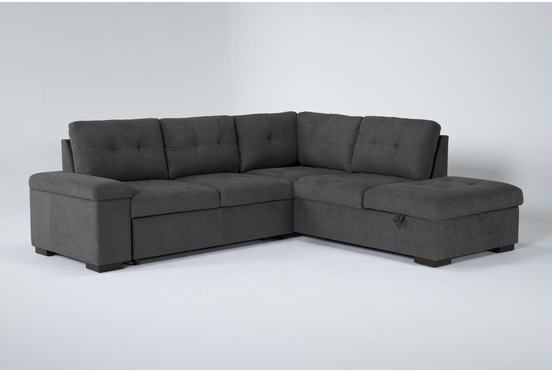 flinn grey fabric 103" 2 piece convertible futon sleeper l-shaped sectional with right arm facing storage chaise