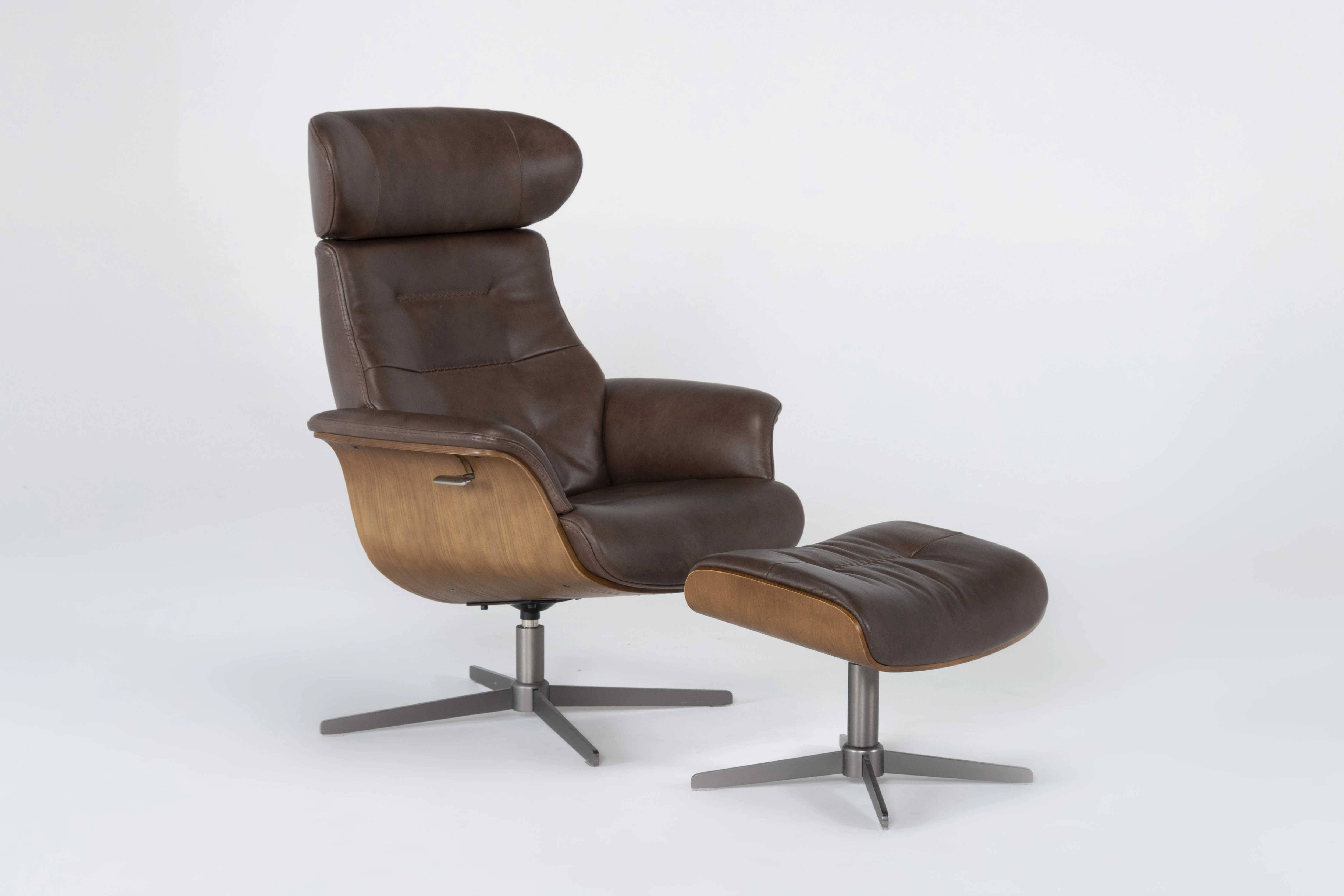 amala brown leather reclining swivel arm chair with adjustable headrest and ottoman | solid | armless | armchair | adjustable headrests